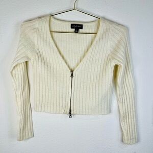Say What Women’s Ivory Ribbed Knit Cropped Cardigan Sweater Small Zip-Up V-Neck